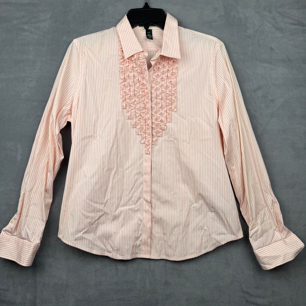 Ralph Lauren Petite Pink White Stripe Ruffle Collared Button Down Shirt Size P/L